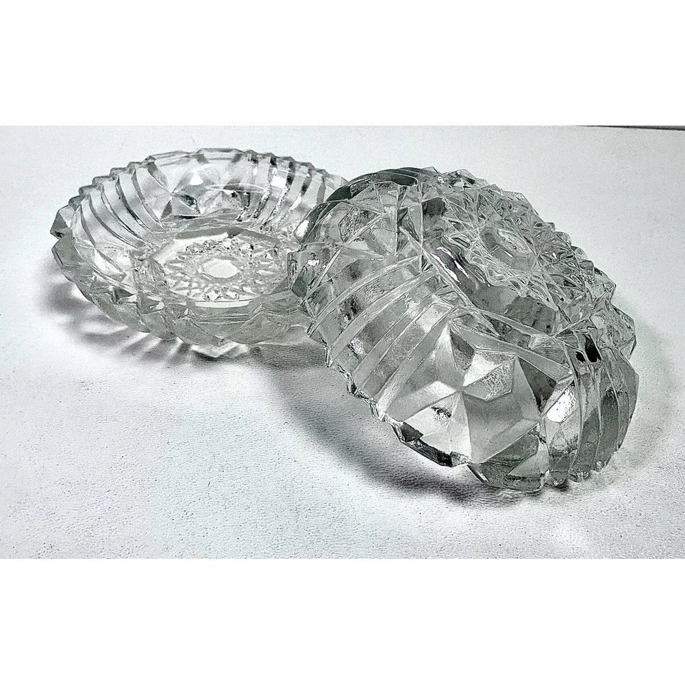Vintage Cut Crystal Glass Round Trinket Dish With Lid Star Pattern Jewellery Box